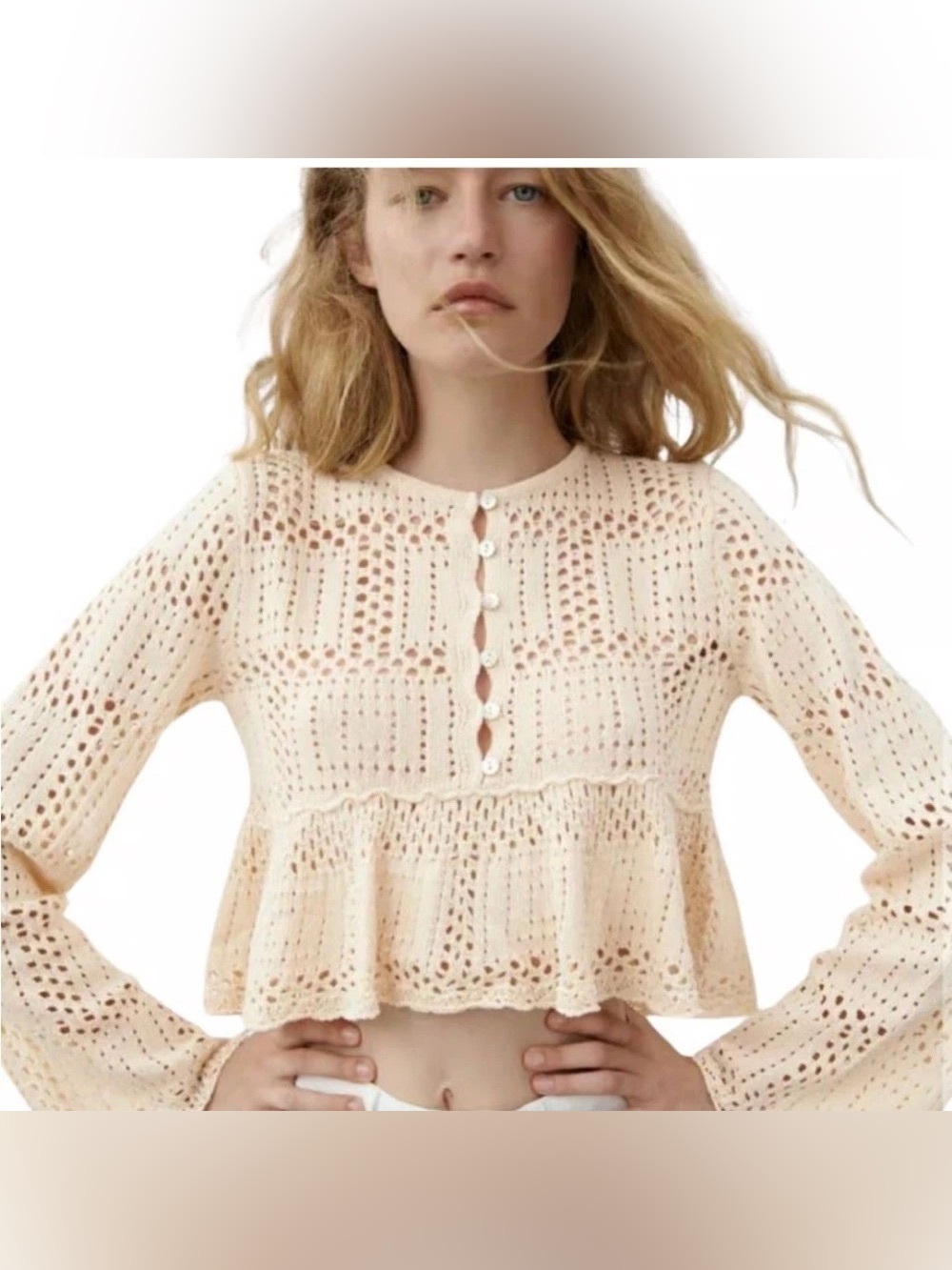 Zara Cream Crochet Knit Peplum Top